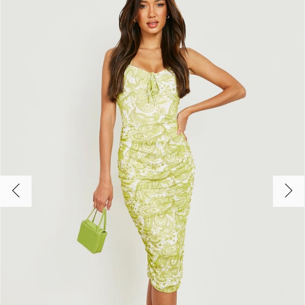BOOHOO PAISLEY PRINTED MESH ROUCHED MIDI DRESS